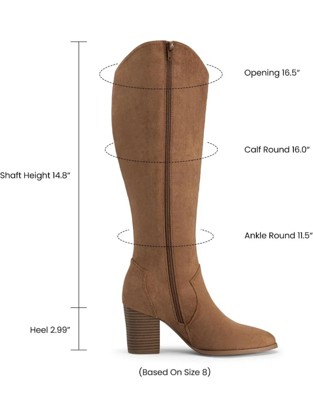 Women Light Brown Suede Chunky Heel Suede Pointed Toe Side Zipper Knee High Boot